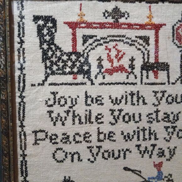 Antique Framed Cross Stitch Sampler-Joy Be With You-Folkart-Needlepoint-Primitve - Picture 2 of 8